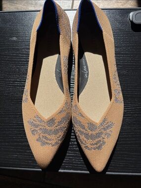 Rothy's Tan Pointed Knit Flats with Silver Embroidery, 10 1/2